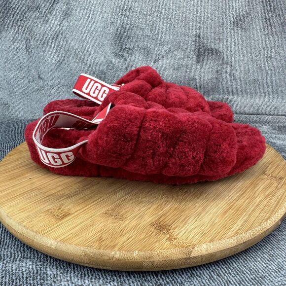UGG Shoes Womens Size 8 Red Fluff Yeah Slide Shearling Slingback Slippers Plush - Picture 1 of 11